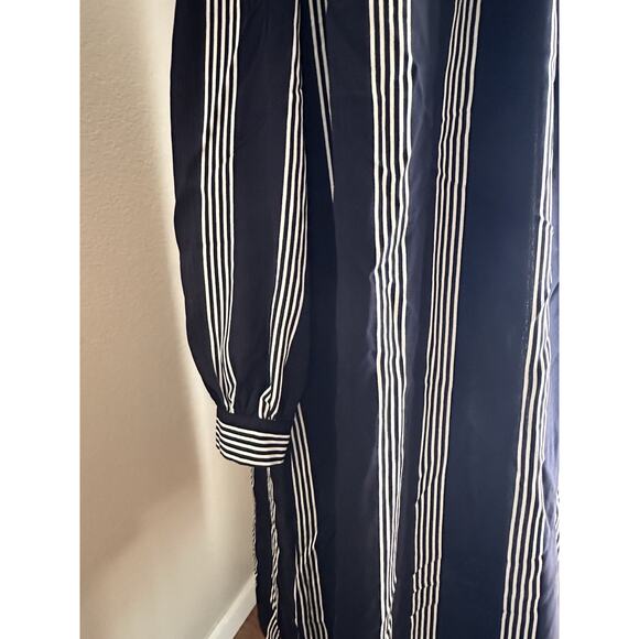 Vtg Chez California Designed By Tandy Navy White Striped Collar Neck Tie Dress - Picture 3 of 13
